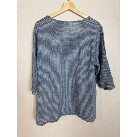 FLAX Women's Tunic Top Size Large Linen Blue White Lagenlook Boho 3/4 sleeves - Picture 7 of 11